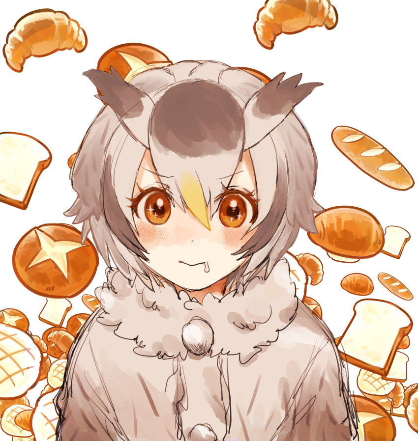 +_+ 03sa40 1girl :&gt; absurdres baguette bird_girl bird_wings blonde_hair blush bread bread_bun coat drooling food fur_collar grey_hair hair_between_eyes head_wings highres kemono_friends northern_white-faced_owl_(kemono_friends) orange_eyes owl_ears owl_girl short_hair sidelocks solo sparkling_eyes white_coat white_fur white_hair wings