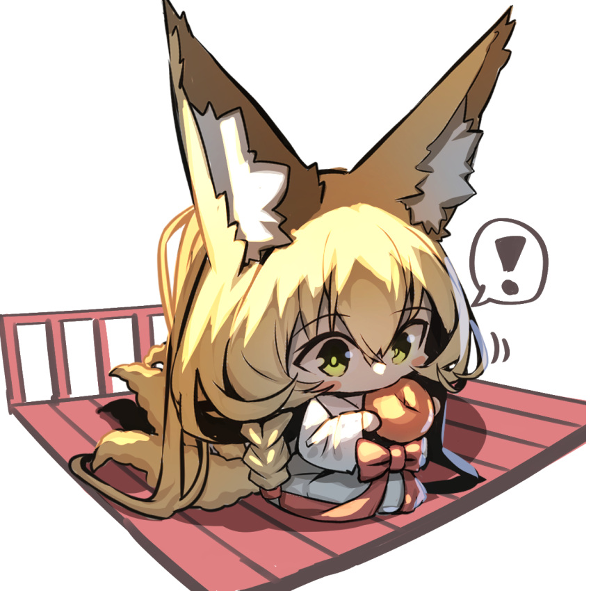 ! 1girl animal_ear_fluff animal_ears blonde_hair blush_stickers bow chibi commentary_request food fox_ears fox_girl fox_tail fruit green_eyes hair_between_eyes highres holding holding_food japanese_clothes kimono kitsune kyuubi long_sleeves mandarin_orange multiple_tails original railing red_bow seiza simple_background sitting solo spoken_exclamation_mark tail white_background white_kimono wide_sleeves yuuji_(yukimimi)