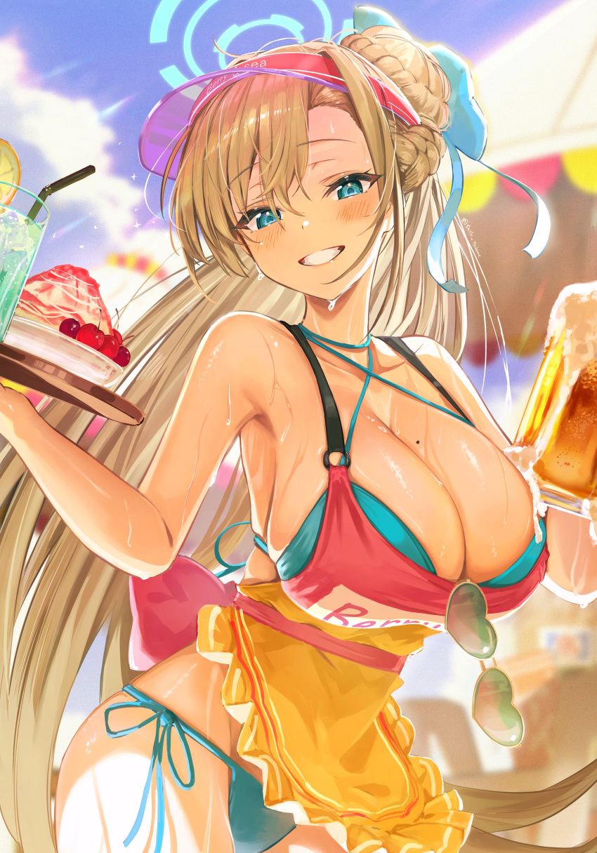 1girl absurdres alternate_costume apron aqua_bikini asuna_(blue_archive) asymmetrical_bangs bare_shoulders beer_mug bikini blue_archive blue_bikini blue_bow blue_eyes blue_sky blurry blurry_background blush bow braid braided_bun breasts cherry cleavage cloud collarbone criss-cross_halter cup day drinking_glass drinking_straw eyewear_hang eyewear_removed food fruit grin hair_bow hair_bun halo halterneck heart heart-shaped_eyewear highres holding holding_cup holding_tray huge_breasts ice_cream large_breasts lemon lemon_slice light_brown_hair long_bangs long_hair looking_at_viewer mole mole_on_breast mug nearly_naked_apron outdoors ponytail shaved_ice side-tie_bikini_bottom sideboob single_hair_bun sky smile solo sweatdrop swimsuit tray tsubameno very_long_hair visor_cap waitress water_drop yellow_apron