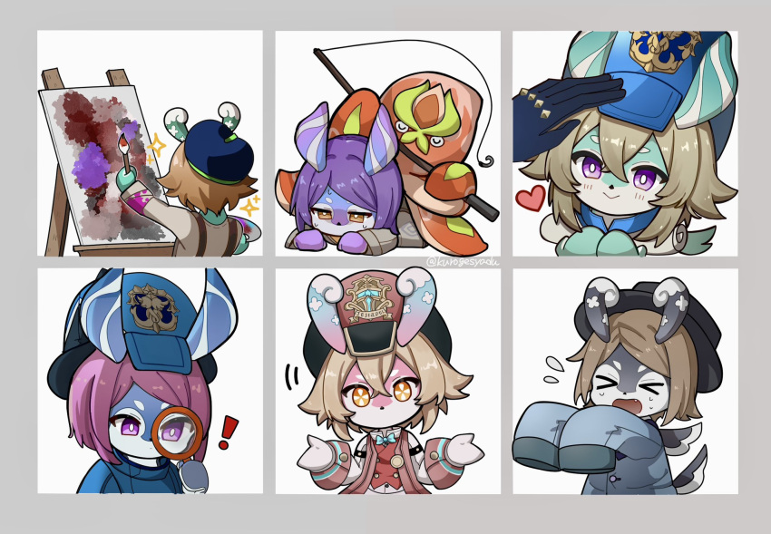 ! &gt;_&lt; 6+girls :&gt; animal_ears aqua_bow aqua_bowtie arm_up ball_octopus_(genshin_impact) beret black_headwear blue_coat blue_headwear bow bowtie bright_pupils brown_eyes brown_hair brown_shirt buttons canvas_(object) closed_mouth coat commentary_request crossed_bangs crying easel elphane_(genshin_impact) facing_away fang fishing_rod flying_sweatdrops from_behind genshin_impact grey_background hair_between_eyes hand_up hands_up hat headpat heart highres holding holding_fishing_rod holding_magnifying_glass holding_paintbrush iara_(genshin_impact) kuromu_shado long_sleeves lying magnifying_glass mamere_(genshin_impact) melusine_(genshin_impact) muirne_(genshin_impact) multiple_girls octopus on_stomach open_clothes open_coat open_mouth orange_eyes paint_on_clothes paint_splatter paintbrush painting_(object) parted_bangs peaked_cap pink_coat pink_hair pink_headwear purple_eyes purple_hair sedene_(genshin_impact) sedile_(genshin_impact) shirt short_hair shrugging simple_background sleeves_past_fingers sleeves_past_wrists smile sparkle sweat swept_bangs tail white_background white_pupils