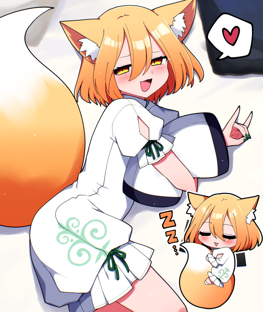 1girl absurdres animal_ears blonde_hair blush fingernails fox_ears fox_shadow_puppet fox_tail green_nails green_ribbon hair_between_eyes heart highres kudamaki_tsukasa looking_at_viewer multiple_views nail_polish open_mouth ribbon romper short_hair smile spoken_heart tail touhou white_romper yellow_eyes you_(noanoamoemoe)