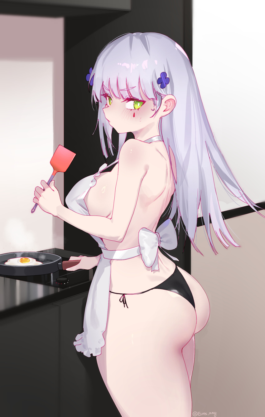 1girl absurdres apron ass black_panties blush breasts bright_pupils cooking cowboy_shot eonsang facial_mark fried_egg frying_pan girls'_frontline green_eyes grey_hair hair_ornament highres hk416_(girls'_frontline) holding holding_spatula large_breasts long_hair looking_back panties shoulder_blades solo spatula standing underwear white_apron white_pupils