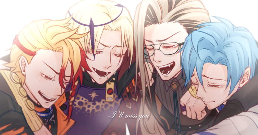 4boys axel_syrios blonde_hair blue_hair closed_eyes english_commentary english_text fangs glasses grey_hair group_hug hair_between_eyes holostars holostars_english holotempus hug jacket long_hair magni_dezmond male_focus multicolored_hair multiple_boys noir_vesper open_mouth red_hair regis_altare shirt shizutsuki0622 short_hair streaked_hair tears virtual_youtuber