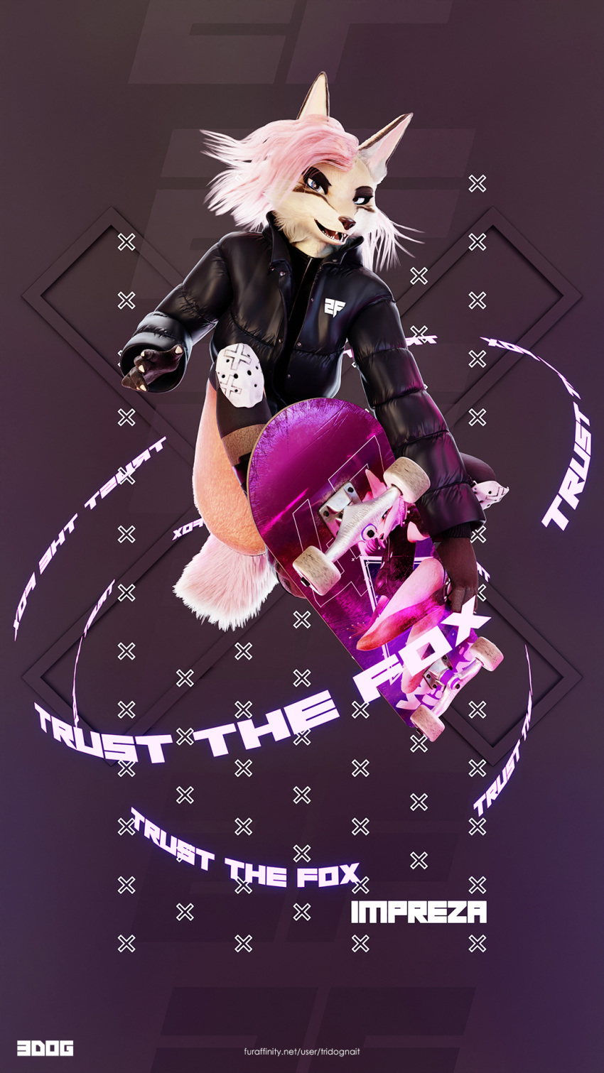 3d_(artwork) anthro blender_(software) blender_cycles canid canine canis claws clothed clothing digital_media_(artwork) english_text female fox fur hair hi_res impreza looking_at_viewer mammal multicolored_body outside pink_hair simple_background skateboard solo tan_body tan_fur text tridognait