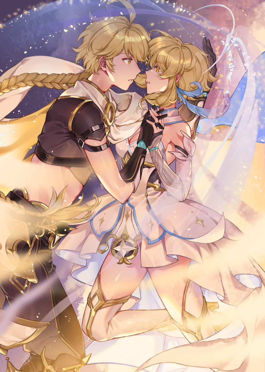 1boy 1girl absurdres aether_(genshin_impact) ahoge arm_armor arm_behind_head bare_shoulders black_gloves black_pants black_shirt blonde_hair boots braid braided_ponytail breasts brother_and_sister cape crop_top detached_sleeves dress feather_hair_ornament feathers fingerless_gloves genshin_impact gloves gold_trim hair_ornament hand_on_another's_head hetero highres holding_hands interlocked_fingers light long_hair looking_at_another lumine_(genshin_impact) medium_breasts orange_sekaii pants parted_lips scarf shirt short_hair_with_long_locks short_sleeves siblings sleeveless sleeveless_dress thigh_boots vambraces white_cape white_dress white_footwear white_scarf yellow_eyes