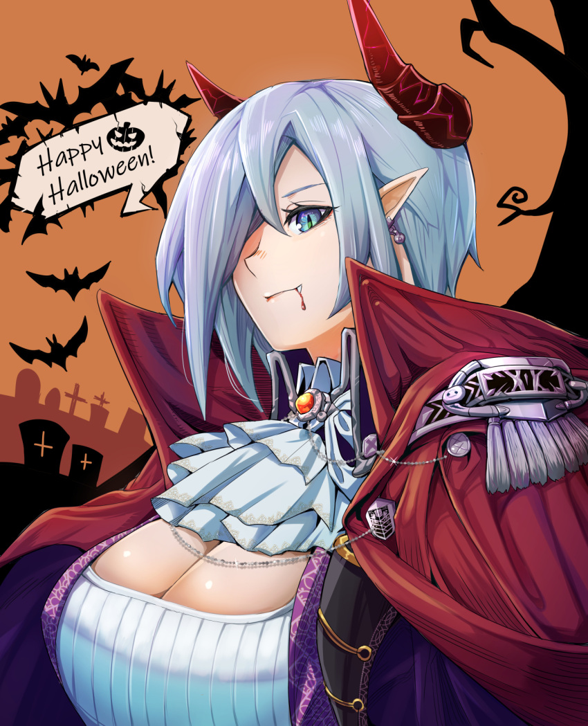 blood blood_on_face blue_eyes breasts cape cleavage earrings fang girls'_frontline grey_hair griffin_&amp;_kryuger hair_over_one_eye halloween happy_halloween highres horns huge_breasts ichi_illust001 jewelry looking_at_viewer mg5_(girls'_frontline) pointy_ears red_cape shirt smile upper_body white_shirt