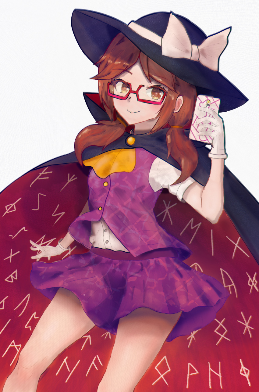 absurdres borland_003 bow brown_eyes brown_hair cloak fedora glasses gloves hat highres holding holding_phone looking_at_viewer phone purple_shirt purple_skirt red-framed_eyewear shirt short_sleeves skirt smile touhou twintails usami_sumireko white_bow white_sleeves