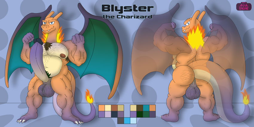 5_fingers absurd_res annaengine anthro armpit_hair backsack balls belly biceps big_penis big_wings blue_eyes body_hair butt butt_hair charizard chest_hair chubby_anthro chubby_male circumcised claws digital_drawing_(artwork) digital_media_(artwork) dragon english_text erection facial_hair fan_character fangs feet fingers fire fist flexing front_view generation_1_pokemon genitals gradient_body hairy hairy_arms hairy_balls hi_res humanoid humanoid_genitalia humanoid_penis long_tail looking_at_viewer looking_back male membrane_(anatomy) membranous_wings model_sheet multicolored_body muscular muscular_anthro muscular_male navel nintendo nipples nude orange_body pecs penis pokemon pokemon_(species) pubes purple_balls purple_body purple_penis rear_view scalie shiny_pokemon simple_background slightly_chubby smile solo standing tail tan_body teeth text toe_claws toes winged_humanoid wings