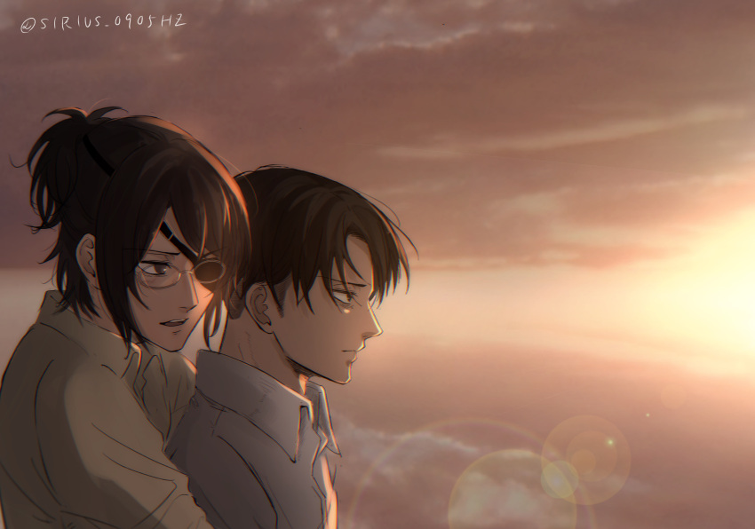 1boy 1other absurdres bags_under_eyes brown_eyes brown_hair chromatic_aberration cloud collared_shirt commentary_request eyepatch glasses hange_zoe highres lens_flare levi_(shingeki_no_kyojin) shingeki_no_kyojin shirt short_ponytail sirius_0905hz sunset twitter_username
