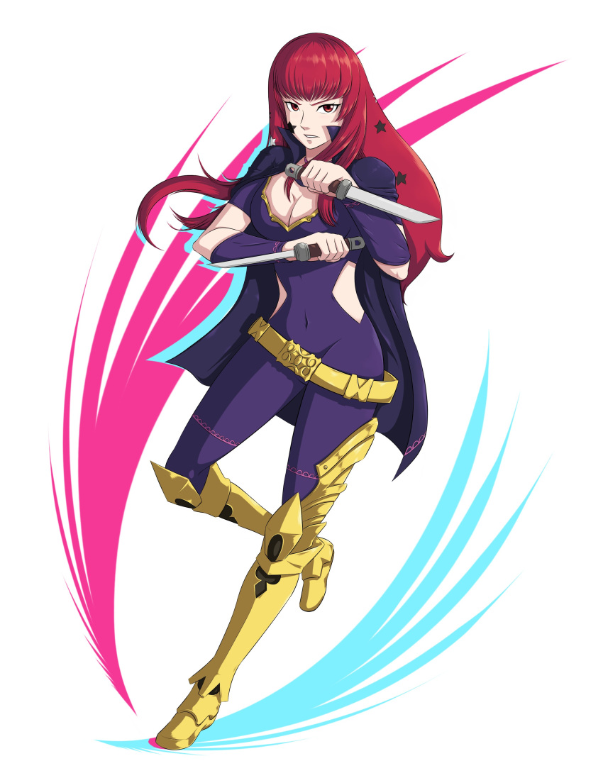 1girl absurdres belt breasts cape cleavage covered_navel ememtrp facial_mark fire_emblem fire_emblem_engage highres knife long_hair looking_at_viewer pale_skin purple_cape red_eyes red_hair simple_background star_(symbol) yellow_belt yunaka_(fire_emblem)