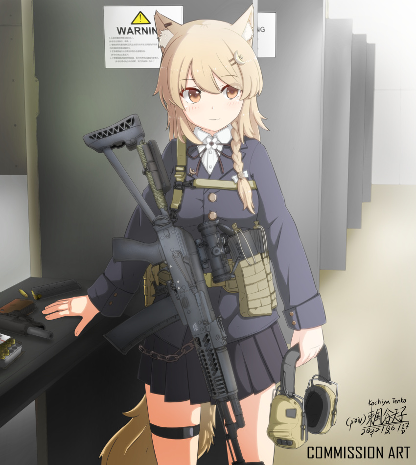 ! 1girl absurdres ak-74 aks-74 ammunition ammunition_pouch animal_ear_fluff animal_ears artist_name assault_rifle belt black_ribbon blazer blonde_hair blue_jacket blue_skirt bow braid breasts brown_eyes buttons carton chinese_text closed_mouth commentary commission cowboy_shot crescent crescent_hair_ornament ear_protection english_text flower fox_ears fox_girl fox_tail gun hair_between_eyes hair_bow hair_ornament hair_over_shoulder hand_on_table handgun highres indoors jacket kalashnikov_rifle kanji kochiya_tenko lapels large_breasts light_blush long_hair long_sleeves looking_to_the_side m1911 magazine_(weapon) neck_ribbon notched_lapels optical_sight original pixiv_commission pleated_skirt pouch ribbon rifle scope shirt shooting_range sign single_braid skirt snap-fit_buckle solo star_(symbol) star_hair_ornament table tail thigh_strap triangle utility_belt warning_sign weapon white_bow white_flower white_shirt