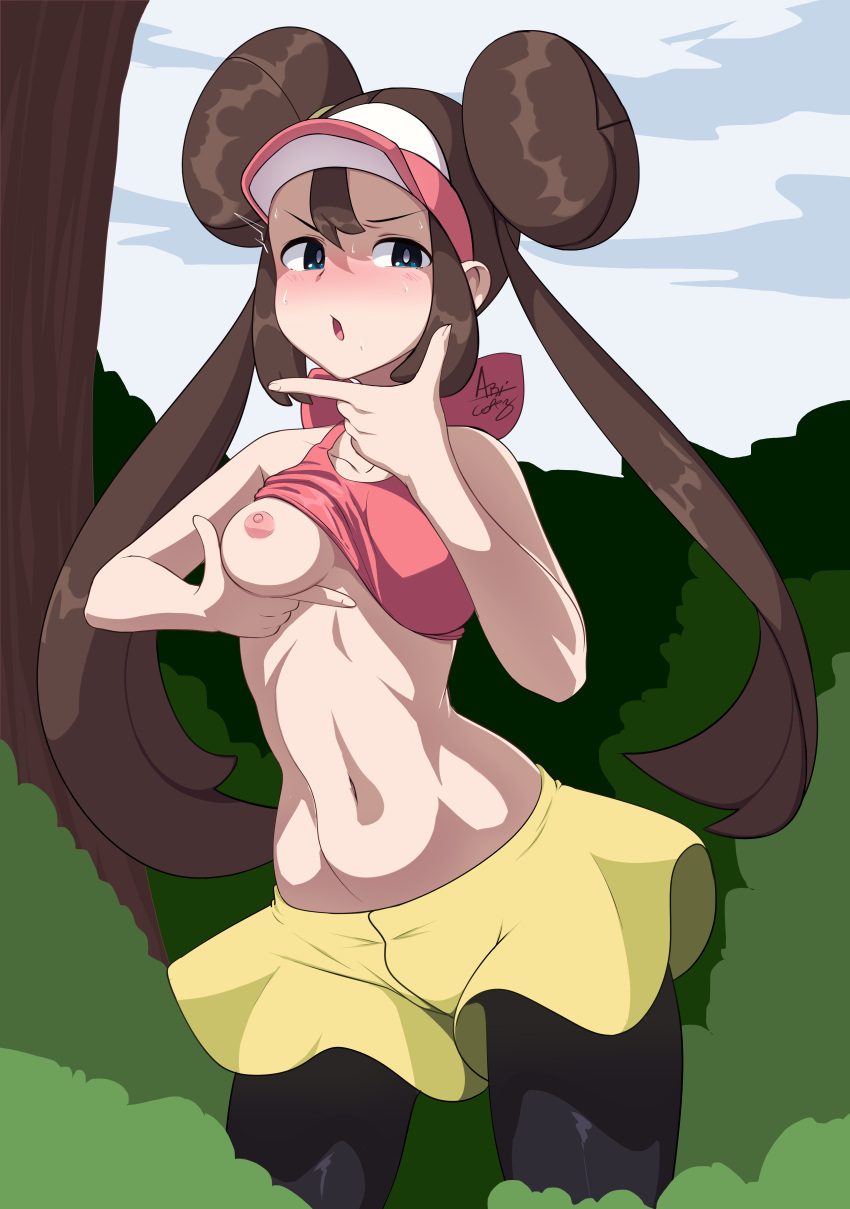 1girl absurdres ari_(ariel_lopez550) black_pantyhose blue_eyes blush breast_hold breasts brown_hair bush clothes_lift cloud double_bun doughnut_hair_bun hair_bun highres legwear_under_shorts navel nipples no_bra one_breast_out open_mouth outdoors pantyhose pink_shirt pink_tank_top pokemon rosa_(pokemon) shirt shirt_lift short_shorts shorts sky solo sweat tank_top tree twintails visor_cap yellow_shorts