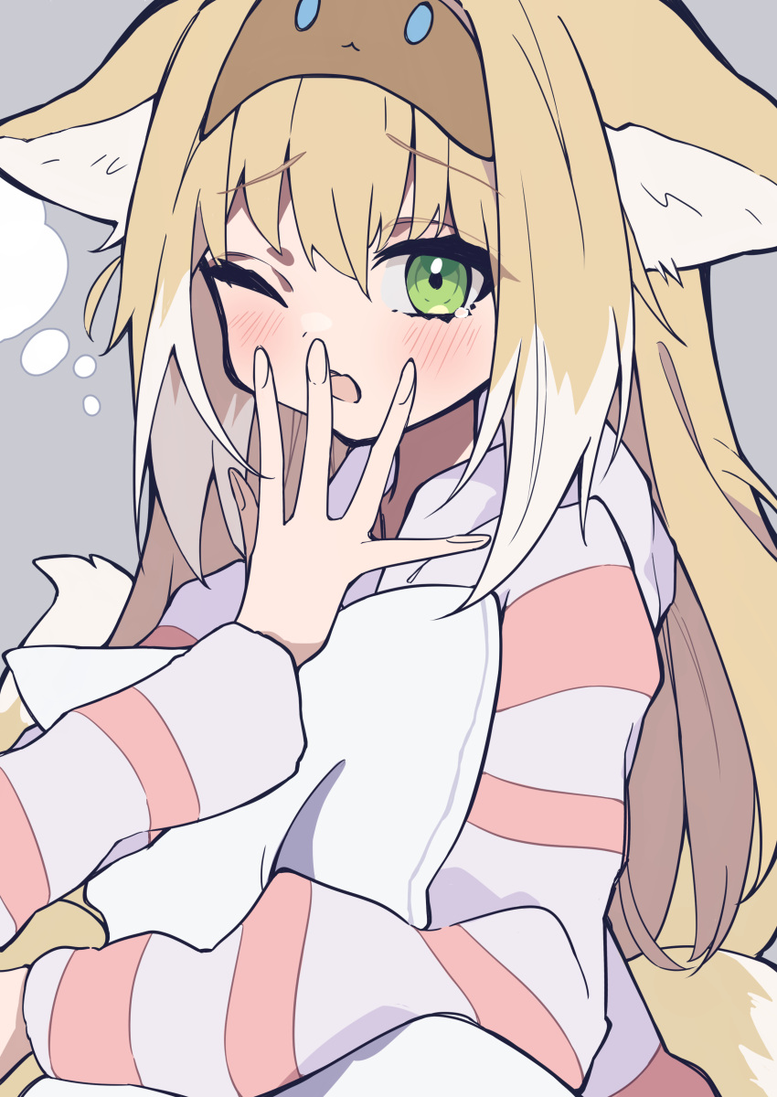 1girl absurdres animal_ears arknights blonde_hair colored_tips commentary_request covering_mouth fox_ears fox_girl green_eyes grey_background highres holding holding_pillow long_hair looking_at_viewer multicolored_hair one_eye_closed open_mouth pajamas pillow saizukiconoha simple_background sleep_mask solo suzuran_(arknights) two-tone_hair white_hair yawning