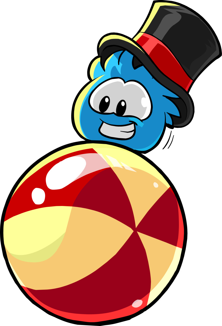 absurd_res ambiguous_gender ball balls beach_ball black_clothing black_headwear blue_body clothing club_penguin full-length_portrait genitals hat headgear headwear hi_res inflatable official_art on_ball portrait puffle solo top_hat unknown_artist