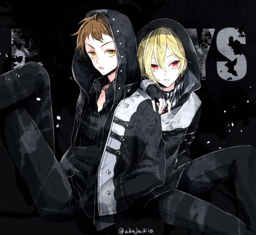 2boys akazaki_(sxlan) alternate_costume black_background black_gloves black_hoodie black_jacket black_pants black_shirt black_theme blonde_hair brown_hair closed_mouth collared_shirt ensemble_stars! fingerless_gloves gloves highres hood hood_up hoodie jacket long_sleeves looking_at_viewer male_focus multiple_boys nito_nazuna pants red_eyes shirt sitting tenma_mitsuru tongue tongue_out twitter_username yellow_eyes