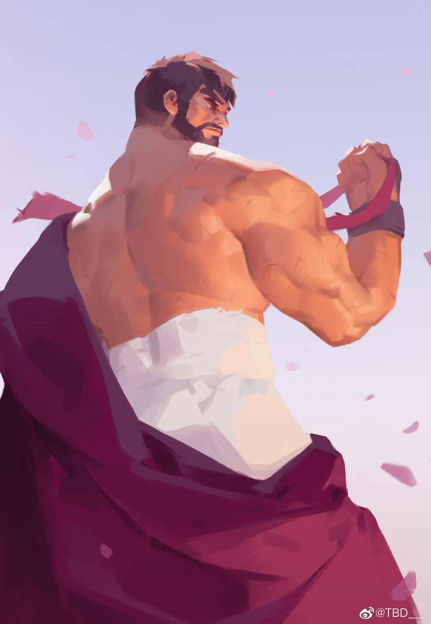 1boy absurdres bara beard clenched_hand facial_hair feet_out_of_frame from_below headband headband_removed highres male_focus midriff_sarashi muscular muscular_male mustache petals qchbtb ryu_(street_fighter) sarashi short_hair solo street_fighter street_fighter_6 thick_eyebrows