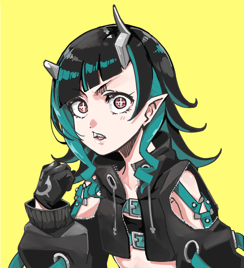 +_+ 1girl absurdres belt belt_bra black_gloves black_hair black_jacket blue_belt blue_hair blunt_bangs brown_eyes chest_belt clothing_cutout commentary_request cropped_jacket demon_girl demon_horns diagonal_bangs fang flat_chest gloves highres horns jacket long_hair long_sleeves looking_at_viewer medium_bangs multicolored_hair nanashi_inc. open_clothes open_jacket open_mouth panyatteria pointy_ears shishio_chris shoulder_cutout simple_background solo two-tone_hair upper_body virtual_youtuber yellow_background zipper