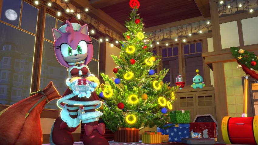 alien amy_rose anthro chao_(sonic) christmas christmas_clothing christmas_tree clothing decoration eulipotyphlan female gift hammer hedgehog hi_res holidays inside justdeluxe looking_at_viewer mammal moon plant ring sega solo sonic_the_hedgehog_(series) tools tree wisp_(sonic)