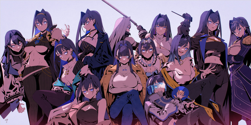 6+girls black_gloves black_pants blue_coat blue_eyes blue_hair breasts cleavage clone coat commentary cosplay crossed_arms crossed_legs denim glasses gloves hair_intakes headband highres hololive hololive_english jacket jeans large_breasts long_hair long_sleeves looking_at_viewer multiple_girls navel official_alternate_costume open_clothes open_jacket open_mouth ouro_kronii ouro_kronii_(1st_costume) ouro_kronii_(3rd_costume) pants sephiroth sephiroth_(cosplay) shirt short_hair signature simple_background smile sword taka_t virtual_youtuber walkie-talkie weapon white_shirt