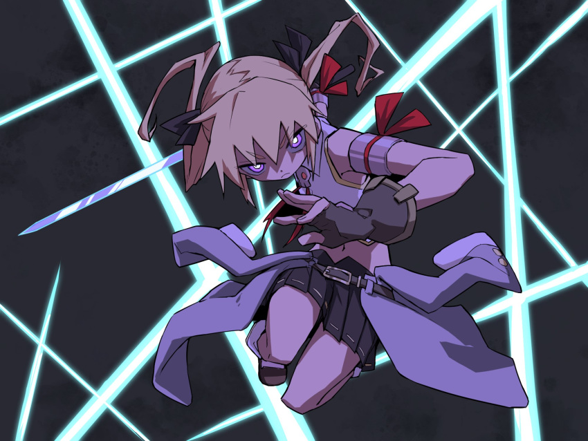 1girl black_ribbon black_skirt blonde_hair closed_mouth clothes_around_waist crop_top fingerless_gloves gloves hair_between_eyes hair_ribbon highres kill_me_baby kirara_fantasia looking_at_viewer miniskirt pleated_skirt purple_eyes ribbon simple_background skirt solo sonya_(kill_me_baby) sword twintails weapon yachima_tana