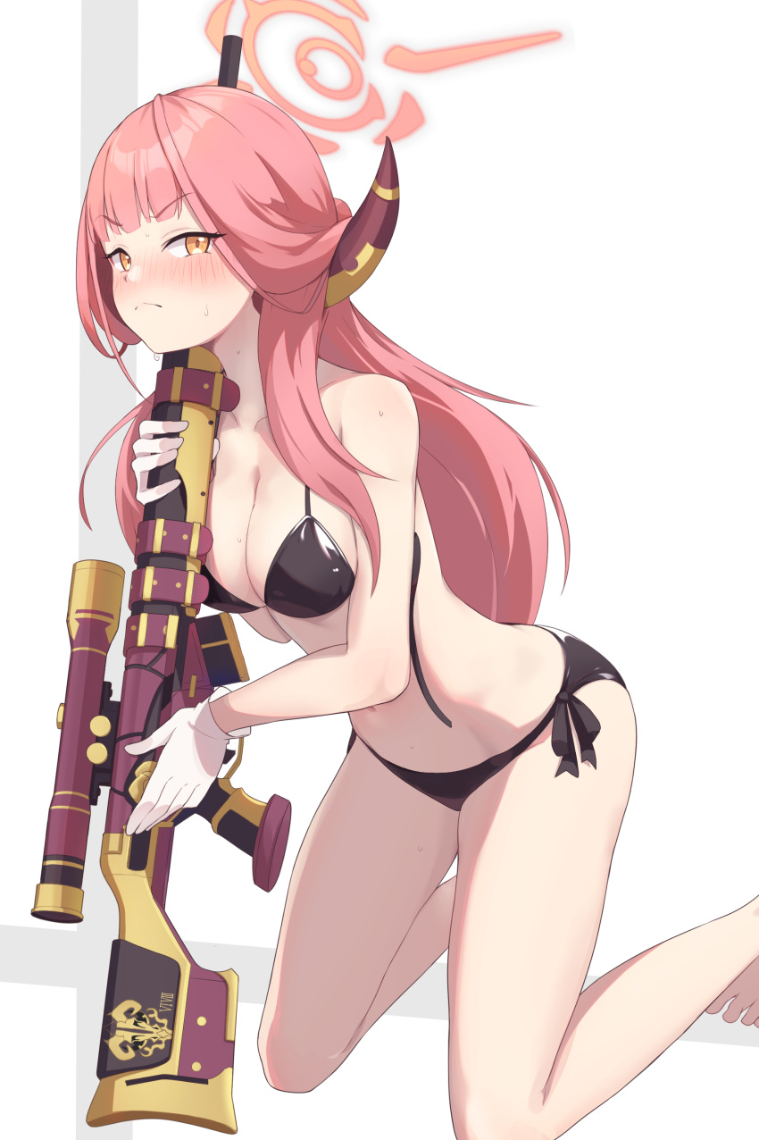 1girl absurdres aru_(blue_archive) bikini black_bikini blue_archive blush breasts frown gloves gun halo highres holding holding_gun holding_weapon kneeling large_breasts long_hair looking_at_viewer navel oops pink_hair rifle scope sniper_rifle solo stomach sweat swimsuit thighs v-shaped_eyebrows weapon wet white_gloves yellow_eyes