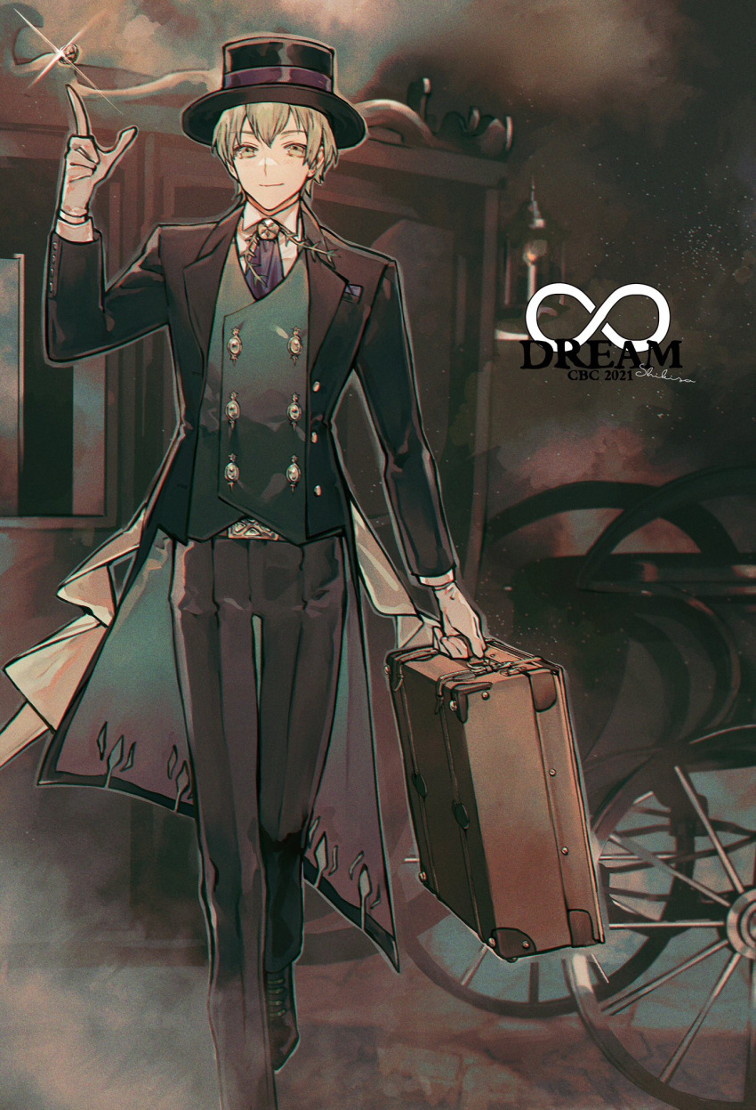 1boy albino_(a1b1n0623) bag belt_buckle black_coat black_footwear black_headwear black_pants blue_necktie briefcase brooch buckle buttons carriage coat coin collared_shirt david_(fate) david_(infinity_dream)_(fate) double-breasted fate/grand_order fate_(series) foot_out_of_frame formal glint gloves green_eyes green_hair green_vest hair_between_eyes hat highres holding holding_bag holding_briefcase index_finger_raised jewelry light_particles looking_at_viewer male_focus necktie official_alternate_costume open_clothes open_coat oxfords pants shirt shoes short_hair smile smoke solo top_hat vest walking white_gloves white_shirt