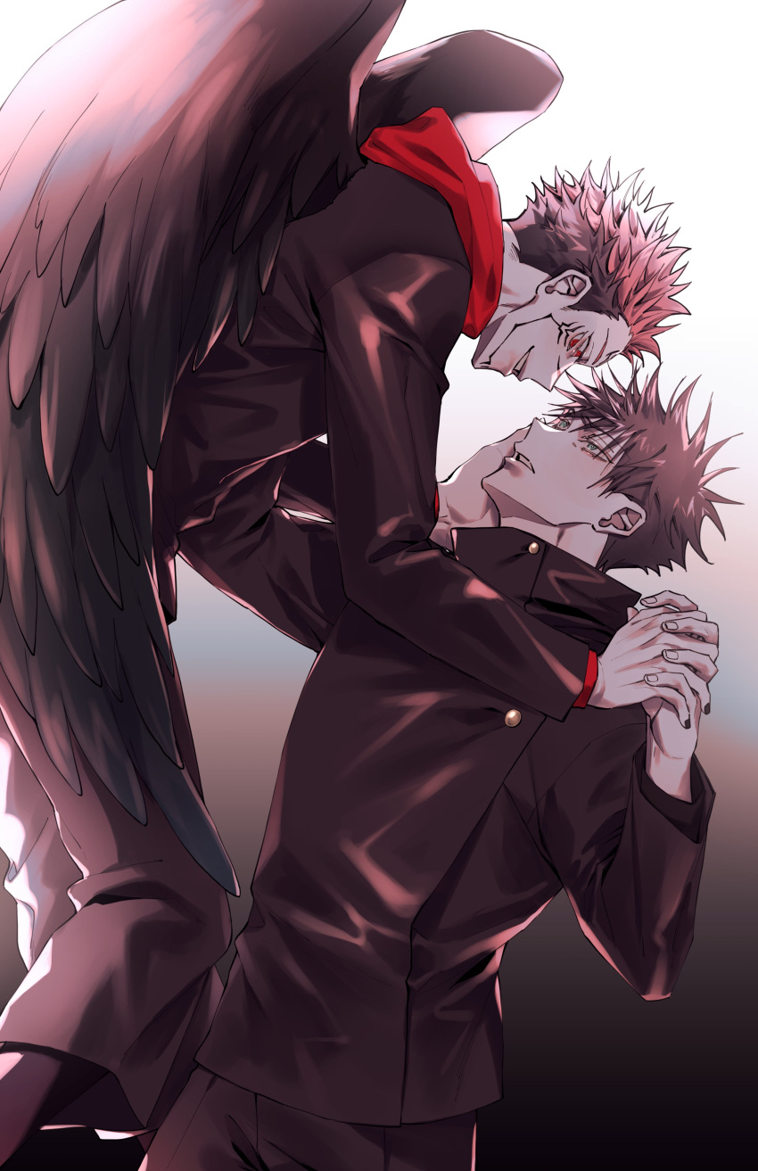 2boys absurdres azukiharuta_ju black_hair black_jacket black_pants black_wings buttons commentary_request extra_eyes facial_tattoo feathered_wings fushiguro_megumi green_eyes hand_on_another's_face high_collar highres holding_hands hood hoodie interlocked_fingers jacket jujutsu_kaisen long_sleeves looking_at_another looking_at_viewer male_focus multiple_boys pants parted_lips pink_hair red_eyes red_hoodie ryoumen_sukuna_(jujutsu_kaisen) school_uniform short_hair smile tattoo wings yaoi