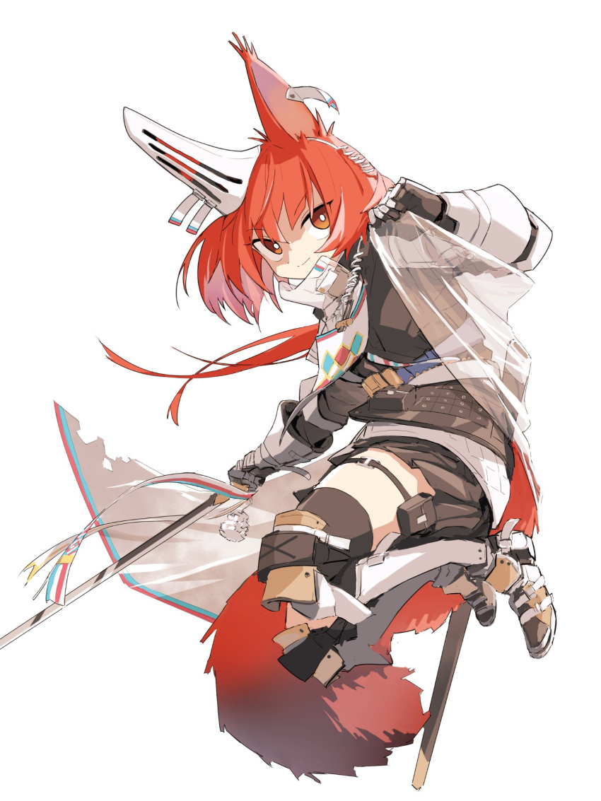 1girl animal_ears arknights armor black_skirt black_thighhighs boots closed_mouth ear_covers earpiece flametail_(arknights) full_body gambeson gauntlets highres holding holding_weapon knee_boots orange_eyes pleated_skirt red_eyes red_hair simple_background single_ear_cover skirt solo squirrel_ears squirrel_girl squirrel_tail tail thigh_strap thighhighs weapon white_background yachima_tana