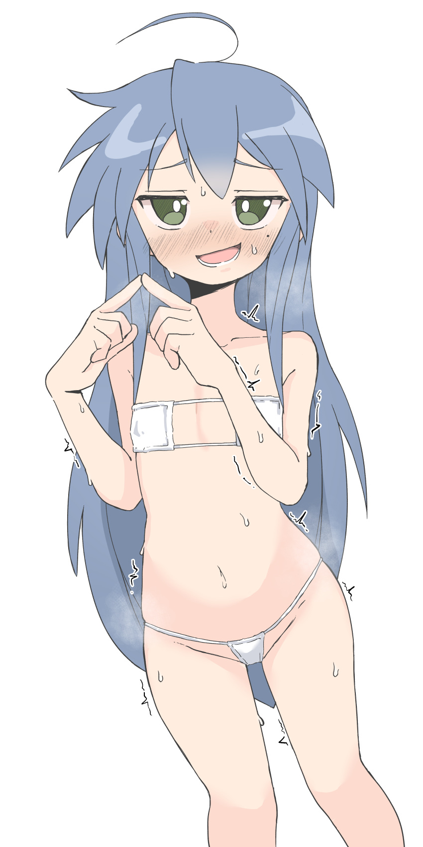 1girl absurdres ahoge bikini blue_hair blush covered_nipples green_eyes highres izumi_konata long_hair lucky_star micro_bikini mole mole_under_eye navel open_mouth simple_background solo steaming_body string_bikini swimsuit very_long_hair white_background white_bikini zlix0n