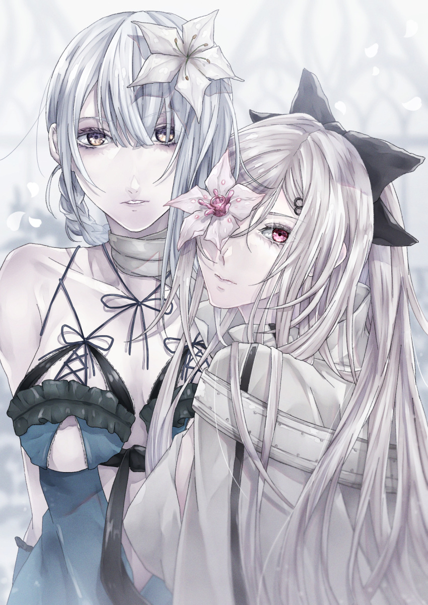 2girls asymmetrical_hair bandaged_neck bandages black_bow black_ribbon bow braid breasts breasts_apart cape closed_mouth collarbone commentary creator_connection drag-on_dragoon drag-on_dragoon_3 dress english_commentary flower flower_over_eye hair_between_eyes hair_bow hair_flower hair_ornament hairclip highres kaine_(nier) large_breasts long_hair looking_at_viewer looking_back lunar_tear multiple_girls negligee nier nier_(series) parted_lips pink_eyes ribbon setsumushi single_hair_ring upper_body white_cape white_dress white_hair yellow_eyes zero_(drag-on_dragoon)