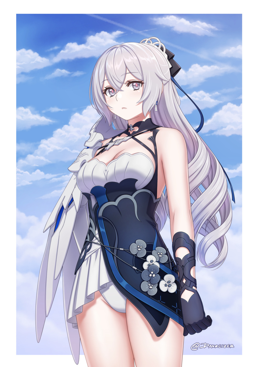 1girl absurdres bare_shoulders black_gloves black_ribbon blue_skirt blue_sky border breasts bronya_zaychik cloud commentary cowboy_shot danreizer day earrings gloves grey_eyes grey_hair hair_between_eyes hair_ribbon highres honkai_(series) honkai_impact_3rd jewelry long_hair looking_at_viewer medium_breasts miniskirt outside_border panties ribbon skirt sky solo standing thighs underwear very_long_hair white_border white_panties