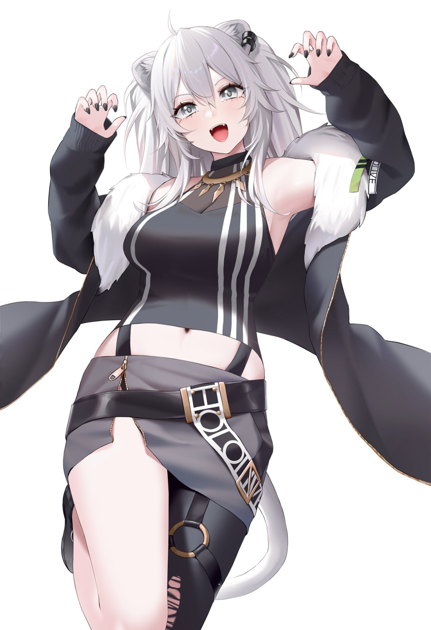 1girl :d absurdres ahoge animal_ears bare_shoulders belt black_belt black_footwear black_jacket black_nails black_pantyhose black_shirt breasts claw_pose copyright_name crop_top ear_piercing fangs fur-trimmed_jacket fur_trim grey_eyes grey_hair grey_skirt hair_between_eyes hands_up head_tilt highres hololive jacket large_breasts leg_up lion_ears lion_girl lion_tail long_hair long_sleeves looking_at_viewer midriff navel o-ring o-ring_thigh_strap off_shoulder open_clothes open_jacket pantyhose piercing shirt shishiro_botan sidelocks simple_background single_leg_pantyhose skirt sleeveless sleeveless_shirt sleeves_past_wrists smile solo standing standing_on_one_leg tail thigh_strap torn_clothes torn_pantyhose two_side_up virtual_youtuber wanne white_background zipper_pull_tab zipper_skirt