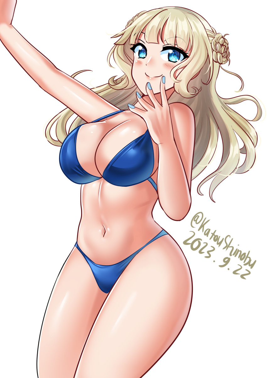 1girl absurdres bikini blue_eyes blue_nails blunt_bangs breasts cleavage cowboy_shot dated hair_bun highres kantai_collection katou_shinobu large_breasts long_hair nail_polish one-hour_drawing_challenge ranger_(kancolle) simple_background single_side_bun smile solo standing swimsuit twitter_username white_background