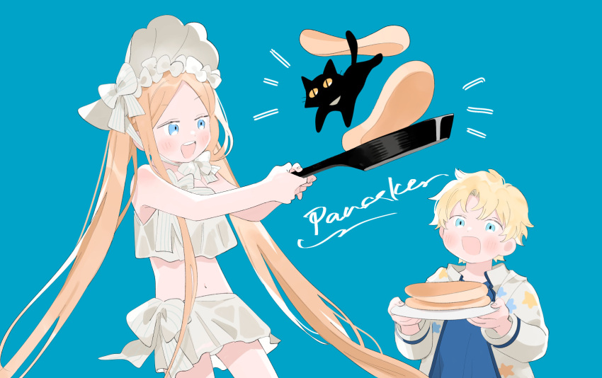 1boy 1girl abigail_williams_(fate) abigail_williams_(swimsuit_foreigner)_(fate) black_cat blonde_hair blue_background blue_eyes blue_shirt bonnet cat cowboy_shot dot_nose fate/grand_order fate_(series) food frying_pan highres holding holding_frying_pan holding_plate jacket long_hair navel oneroom-disco open_mouth pancake pancake_stack plate shirt simple_background standing teeth upper_teeth_only very_long_hair voyager_(fate) white_headwear white_jacket