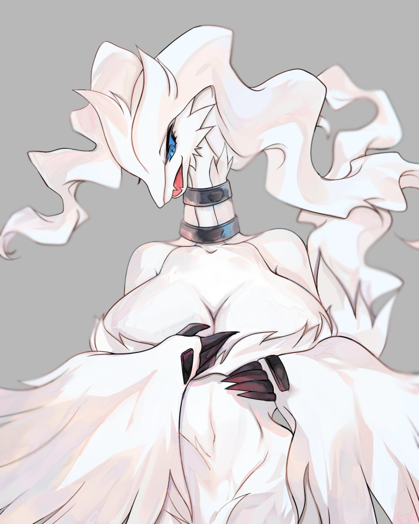 4:5 anthro biped black_hair blue_eyes breasts cleavage clothed clothing female front_view fur generation_5_pokemon grey_background grey_body hair hi_res human legendary_pokemon mammal nintendo open_mouth pokemon pokemon_(species) ratta108 reshiram simple_background smile solo white_body white_fur