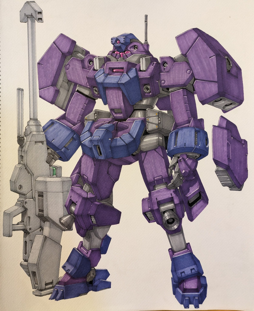 assault_visor demi_garrison eclogue.566 full_body gun gundam gundam_suisei_no_majo highres holding holding_gun holding_weapon mecha no_humans radio_antenna redesign robot science_fiction traditional_media vernier_thrusters weapon white_background