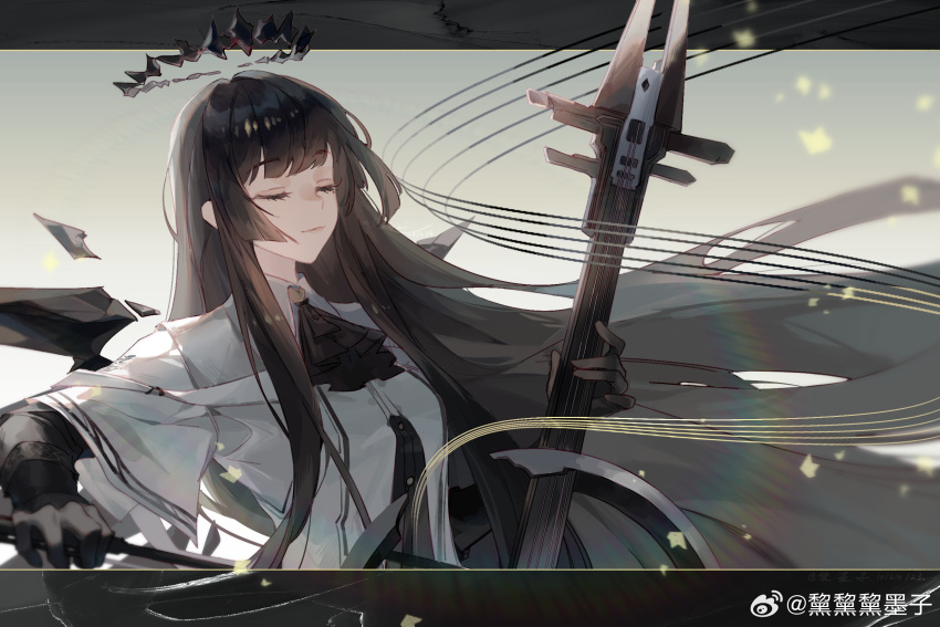 1girl arknights artist_name ascot belt belt_buckle black_ascot black_bustier black_gloves black_hair black_halo black_wings blunt_bangs bow_(music) breasts broken_halo buckle bustier buttons cello chinese_commentary chinese_text clear_sky closed_eyes closed_mouth collared_jacket commentary_request dark_halo detached_wings energy_wings floating_hair from_side gloves grey_sky halo highres hime_cut holding holding_bow_(music) holding_instrument holding_violin instrument jacket letterboxed light_smile long_hair medium_breasts mole mole_under_eye music outdoors outside_border playing playing_instrument rainbow sidelocks sky smile solo staff_(music) standing sunlight upper_body very_long_hair violin virtuosa_(arknights) weibo_7796414672 weibo_logo weibo_username white_belt white_jacket wide_sleeves wings