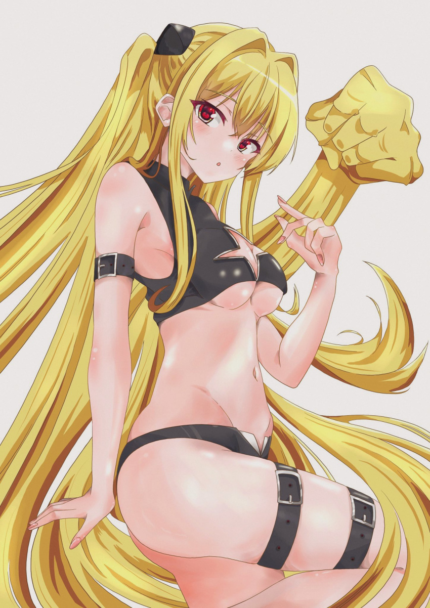 amanotti_01 bikini black_bikini blonde_hair breasts cleavage_cutout clenched_hand clothing_cutout cone_hair_bun cowboy_shot cross_cutout hair_bun hair_intakes highres konjiki_no_yami living_hair long_hair medium_breasts red_eyes standing swimsuit thigh_strap to_love-ru to_love-ru_darkness two_side_up very_long_hair