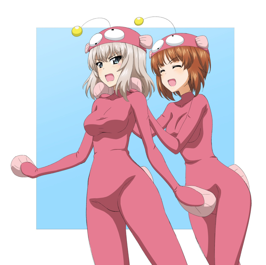 2girls anglerfish_costume blue_eyes blush bodysuit breasts brown_hair closed_eyes girls_und_panzer hands_on_another's_shoulders highres itsumi_erika key_(gaigaigai123) large_breasts multiple_girls nishizumi_miho open_mouth pink_bodysuit short_hair simple_background smile white_hair