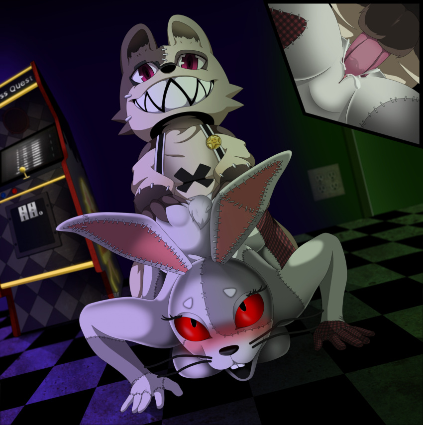 animal_humanoid anthro arcade_machine ass_up blush bodily_fluids buckteeth butt butt_grab canid canine canis checkered_floor crossover cum dark_room domestic_dog door duo ejaculation eye_roll fangs female five_nights_at_freddy's five_nights_at_freddy's:_security_breach genital_fluids gleipnir hand_on_butt hi_res humanoid kuramichan lagomorph leporid male male/female mammal mammal_humanoid mascot mascot_costume outlet parody rabbit scottgames shuichi_kagaya steel_wool_studios stitch_(sewing) tail teeth vanny_(fnaf)