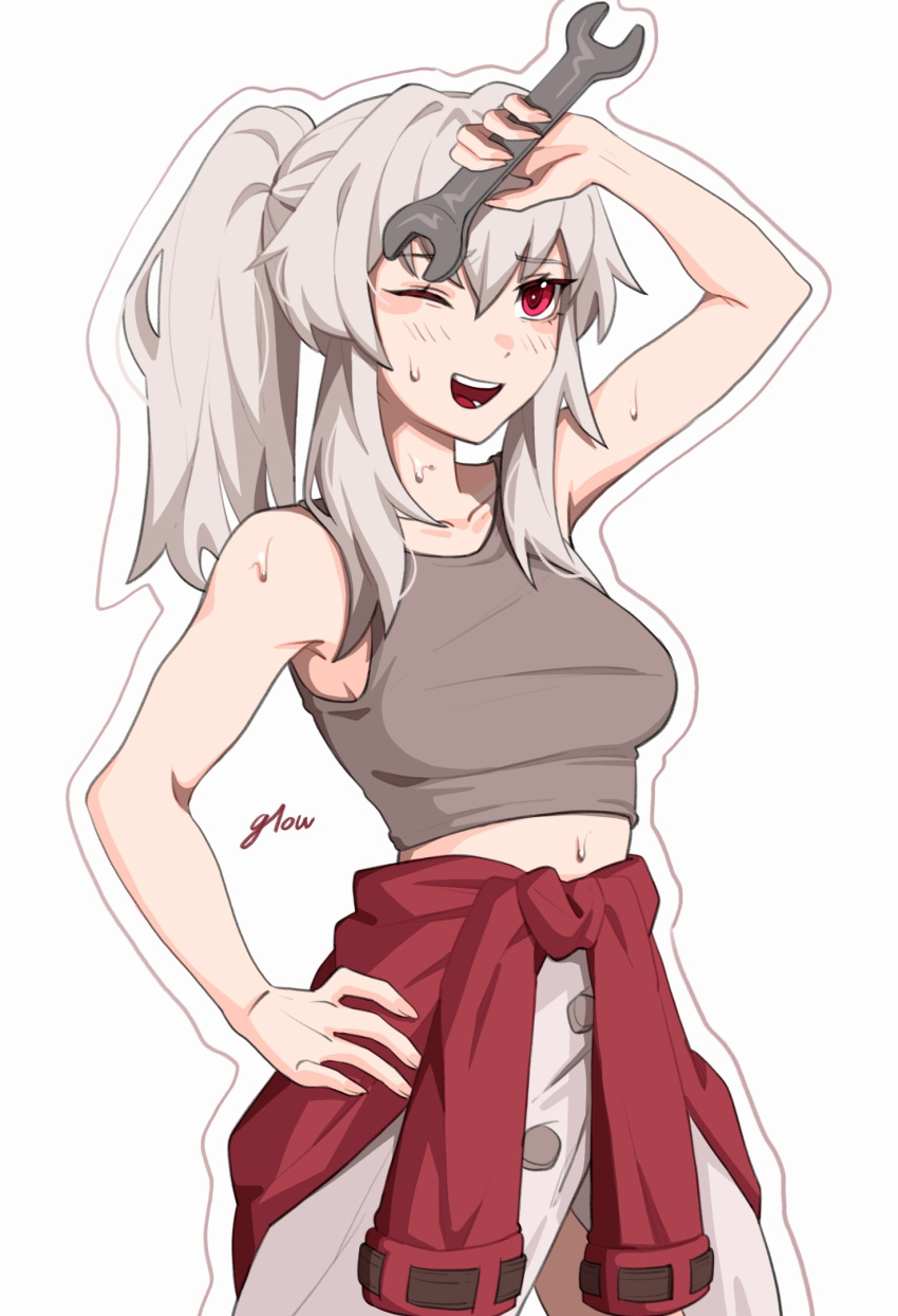1girl aged_up arm_up blush breasts clara_(honkai:_star_rail) cowboy_shot grey_hair hand_on_own_hip highres holding holding_wrench honkai:_star_rail honkai_(series) long_hair midriff one_eye_closed open_mouth outline ponytail red_eyes russian_commentary signature simple_background small_breasts smile solo starglowsbright sweat tank_top tied_sweater white_background wrench