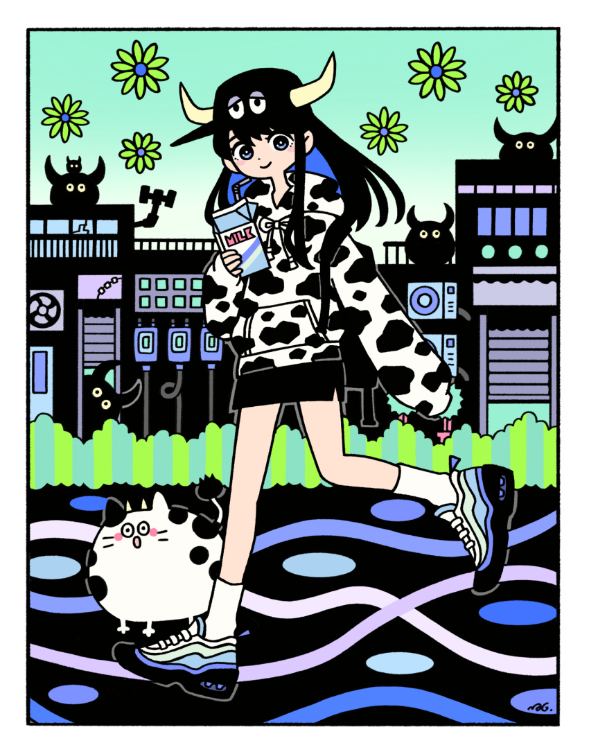 1girl 2021 animal_print black_skirt blue_eyes border bright_pupils building chinese_zodiac cow cow_horns cow_print fake_horns garouma green_flower green_sky highres hood hood_down hoodie horns looking_at_viewer original print_hoodie shoes skirt sleeves_past_fingers sleeves_past_wrists smile socks solo white_border white_pupils white_socks year_of_the_ox