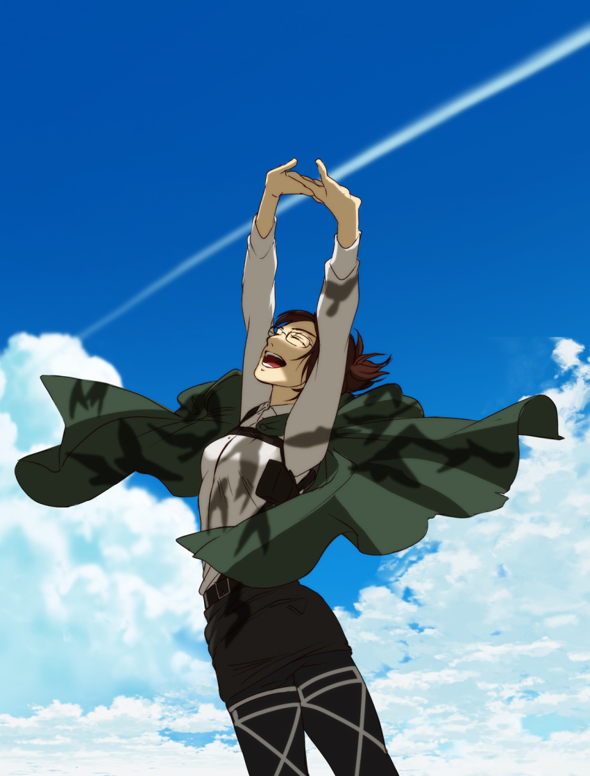 1girl arms_up black_pants blue_sky breasts brown_hair cloak closed_eyes cloud commentary_request from_side glasses green_cloak hange_zoe highres open_mouth pants profile shingeki_no_kyojin sky small_breasts smile solo stretching suzu_(mjje0txjdsyxovk)