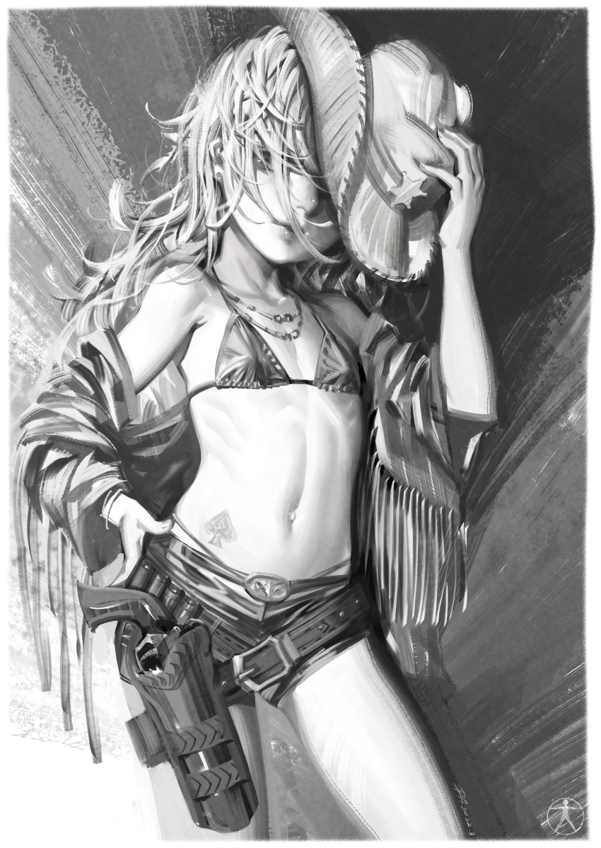 1girl absurdres ace_of_spades alphonse_(white_datura) bare_shoulders belt belt_buckle bikini bikini_top_only buckle cowboy_hat flat_chest greyscale gun hair_over_eyes hat highres holster jacket jewelry long_hair midriff monochrome navel necklace no_shirt off_shoulder open_clothes open_jacket original revision revolver sheriff_badge short_shorts shorts solo spade_(shape) spade_tattoo stomach swimsuit tattoo weapon