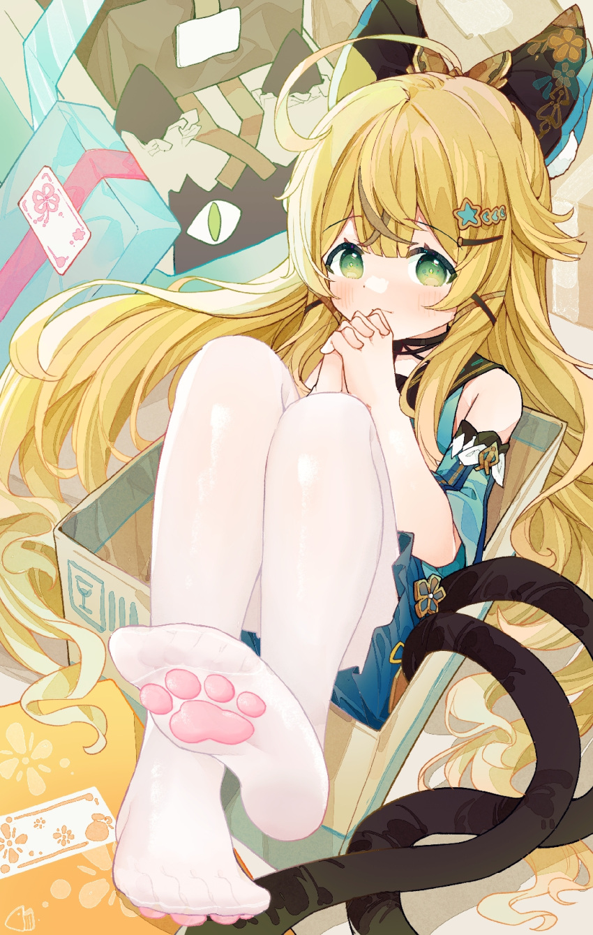1girl ahoge bare_shoulders blonde_hair blush box feet genshin_impact hair_ornament highres in_box in_container kirara_(genshin_impact) looking_at_viewer multiple_tails own_hands_together pantyhose paw_print paw_socks soles tail two_tails white_pantyhose xianyuzi