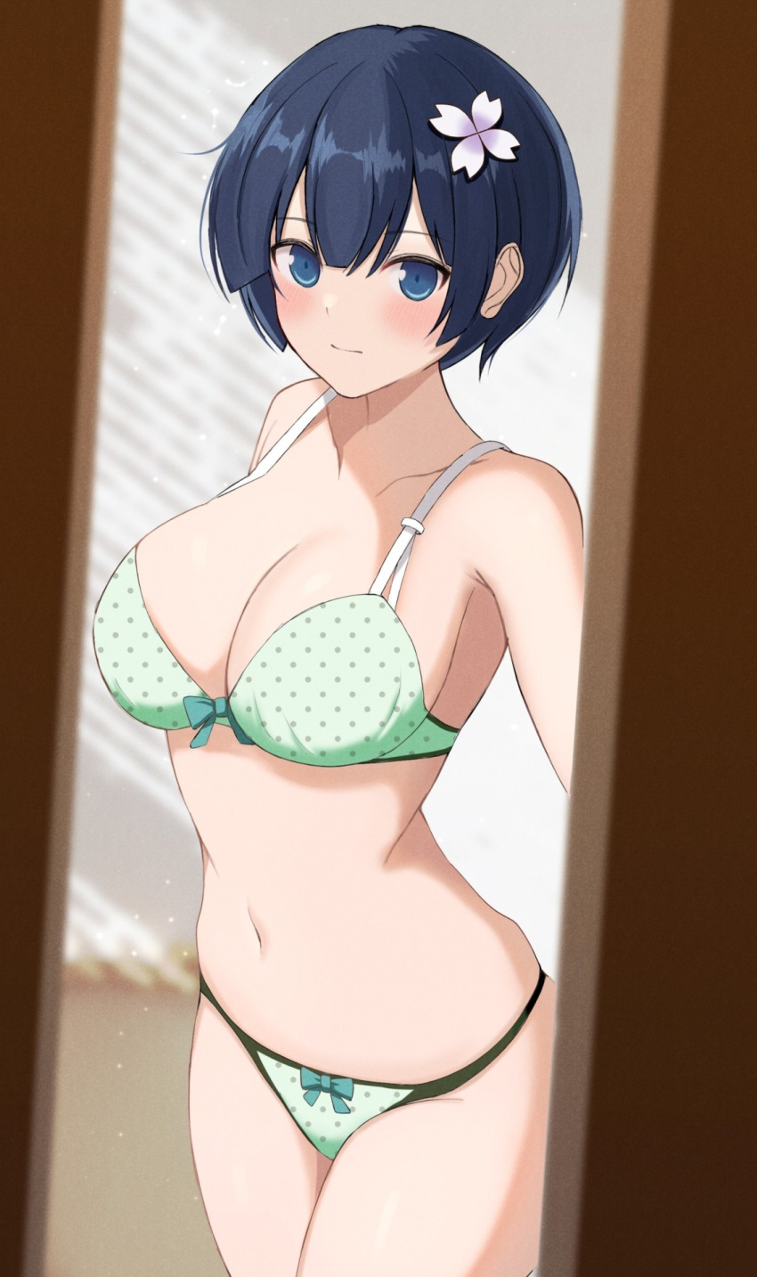 1girl armpit_crease blue_eyes blue_hair blunt_bangs blush bow bow_bra bow_panties bowl_cut bra breasts cleavage collarbone flower green_bra green_panties groin hair_flower hair_ornament highres indoors large_breasts looking_at_viewer navel opening_door panties polka_dot polka_dot_bra polka_dot_panties senran_kagura senran_kagura_shinovi_versus short_hair skindentation solo standing surippa1010 underwear yozakura_(senran_kagura)