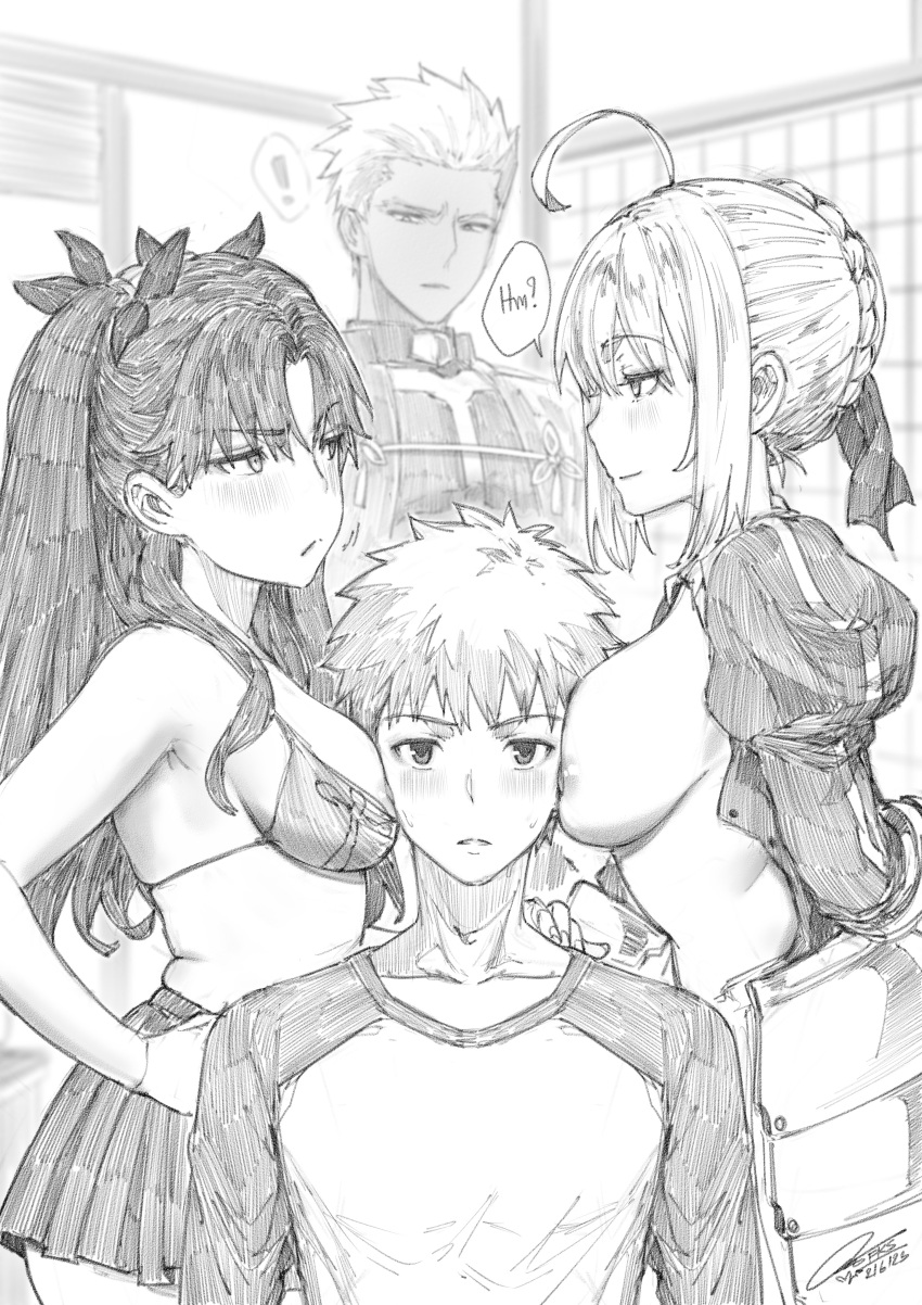 2boys 2girls absurdres alternate_breast_size archer_(fate) artoria_pendragon_(fate) bra breast_envy breasts emiya_shirou eye_contact fate/stay_night fate_(series) fkscrashing girl_sandwich greyscale hair_bun highres large_breasts looking_at_another medium_breasts monochrome multiple_boys multiple_girls nipples open_clothes pleated_skirt saber sandwiched skirt tohsaka_rin twintails underwear undressing