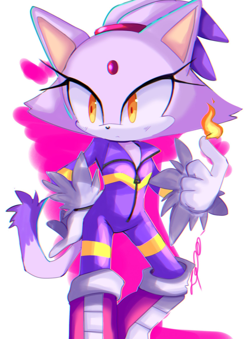 1girl blaze_the_cat cat_girl cat_tail eyelashes fire forehead_jewel fur-trimmed_gloves fur_trim furry furry_female gloves hand_on_own_hip highres jumpsuit nuinu_17 ponytail purple_fur purple_jumpsuit sonic_(series) sonic_riders tail yellow_eyes