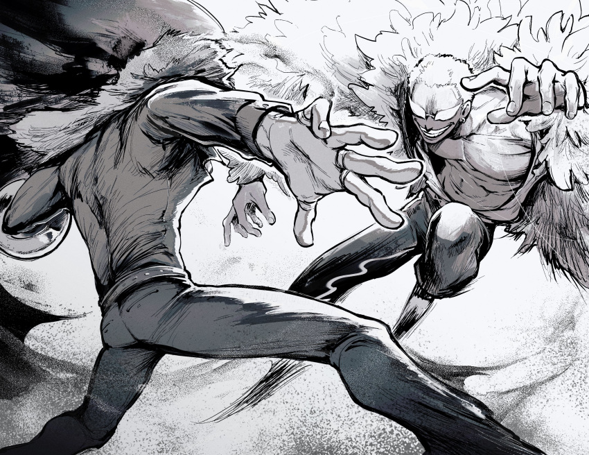 2boys blonde_hair capri_pants crocodile_(one_piece) donquixote_doflamingo earrings feather_coat fighting from_behind fur_trim highres hook_hand jewelry male_focus monochrome multiple_boys multiple_rings muscular muscular_male nowosuke one_piece open_clothes pants pectorals ring sand shirt short_hair smile sunglasses teeth thread white_shirt