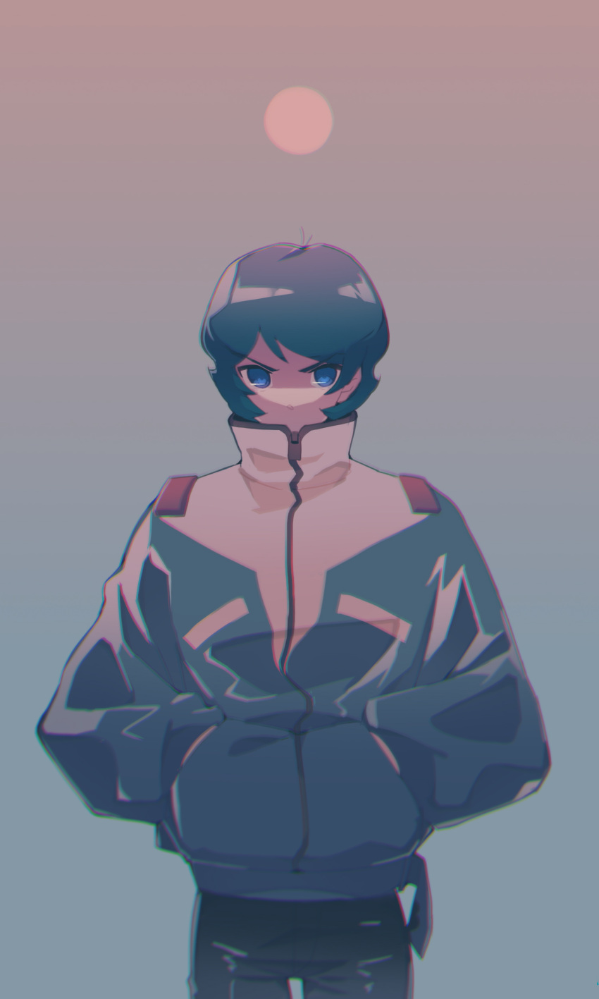 1boy absurdres black_pants blue_background blue_eyes blue_hair blue_jacket blurry chromatic_aberration covered_mouth gradient_background gundam hands_in_pockets high_collar highres jacket kamille_bidan long_sleeves looking_at_viewer male_focus pants pin_(penco_co) pink_background short_hair simple_background solo v-shaped_eyebrows zeta_gundam zipper_pull_tab